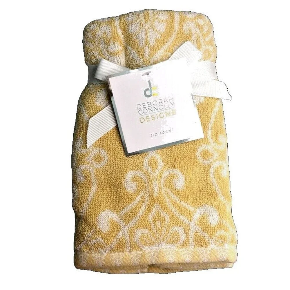Deborah Connolly Fingertip Towels Bathroom Yellow White Fleur de Lis Set of 2